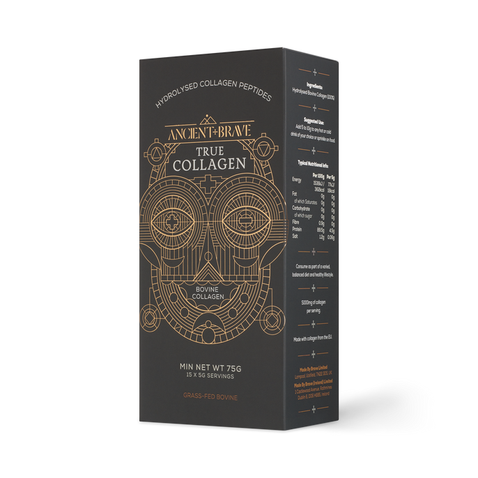 true collagen sachet by Ancient + Brave featured in a black box with gold lettering and image